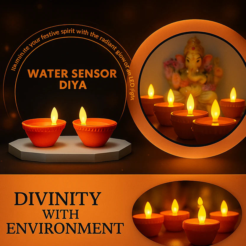 Water sensor diya with LED light and Ganesh idol reflection, promoting a balance between divinity and environment.