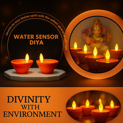 Water sensor diya with LED light and Ganesh idol reflection, promoting a balance between divinity and environment.