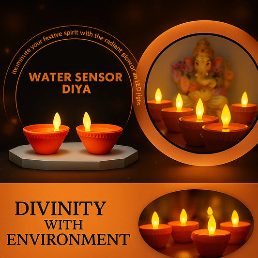 Water sensor diya with LED light and Ganesh idol reflection, promoting a balance between divinity and environment.